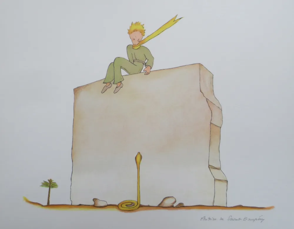 Lithographie Saint-Exupéry - Le petit prince et le serpent au pied du mur