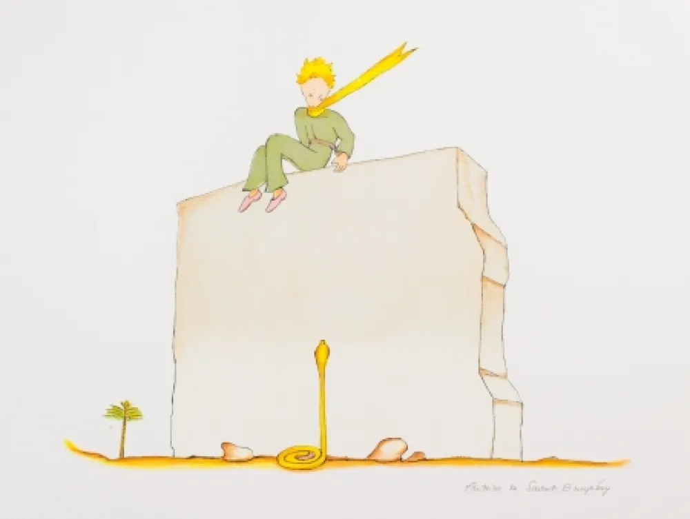Lithographie Saint-Exupéry - Le Petit Prince et le serpent au pied du mur
