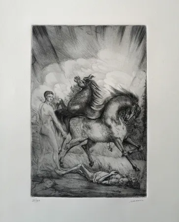 Radierung Sassu - Le cavalle ucraine sconvolgono la terra senza pietà.