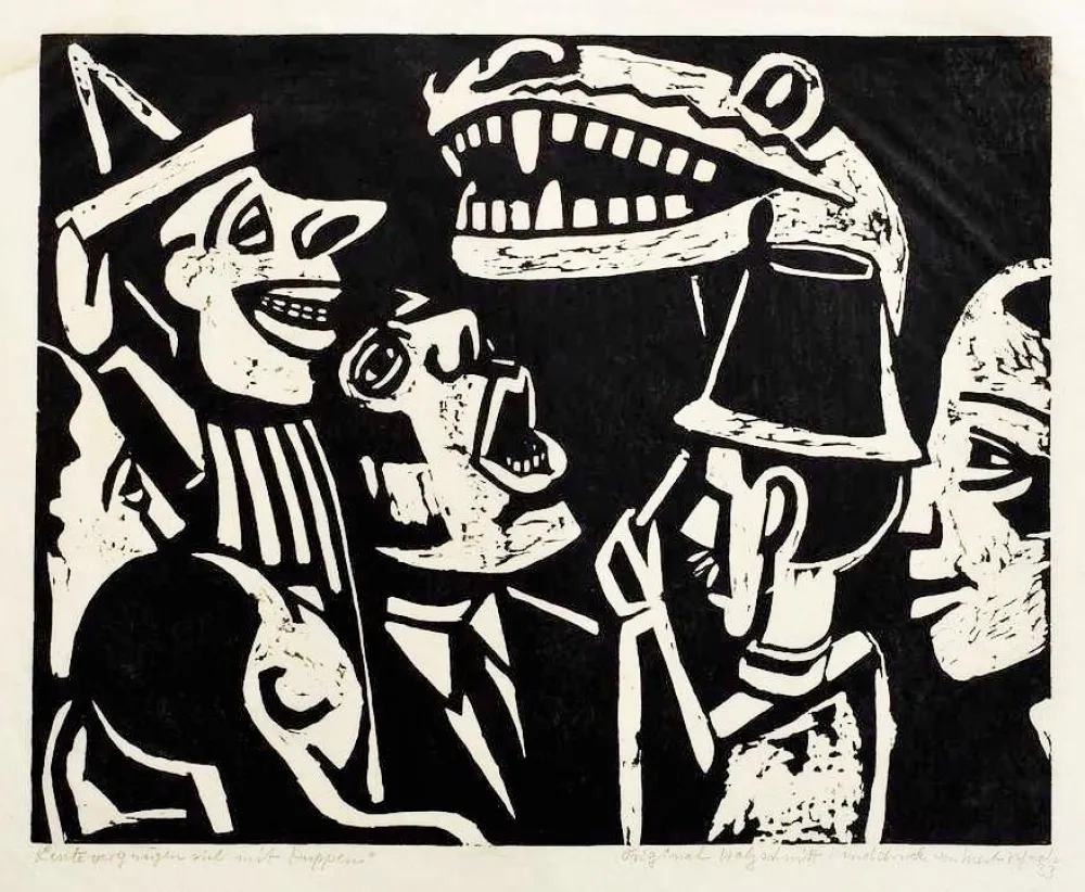 Holzschnitt Scheele - Leute vergnügen sich mit Puppen (People having fun with puppets)