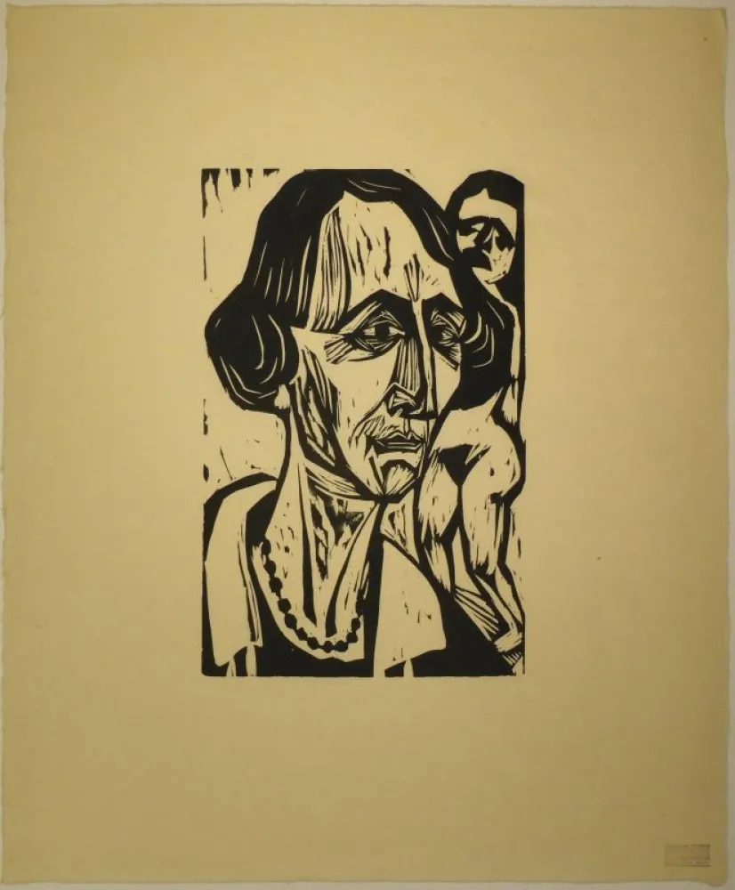 Holzschnitt Scherer - Frauenkopf mit Akt