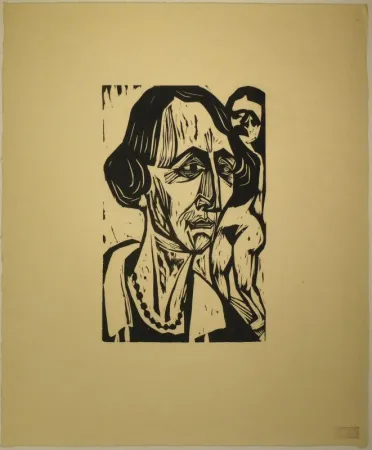 Holzschnitt Scherer - Frauenkopf mit Akt