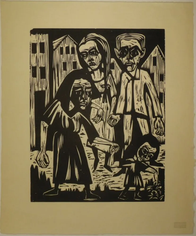Holzschnitt Scherer - Vier Figuren vor Häusern