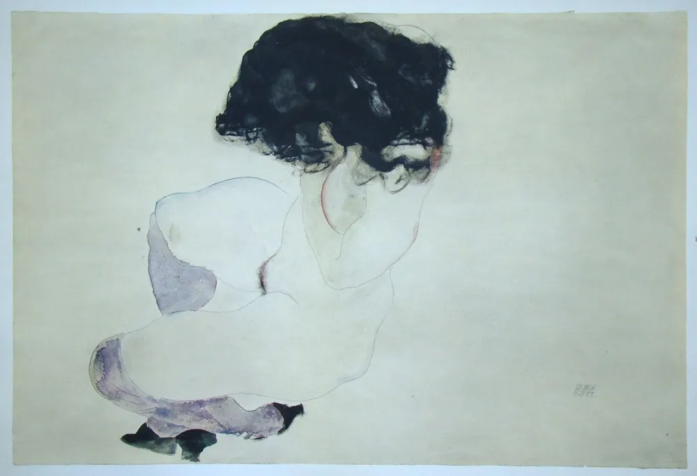 Siebdruck Schiele (After) - Weiblicher Akt mit violetten Strümpfen