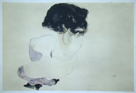 Siebdruck Schiele (After) - Weiblicher Akt mit violetten Strümpfen