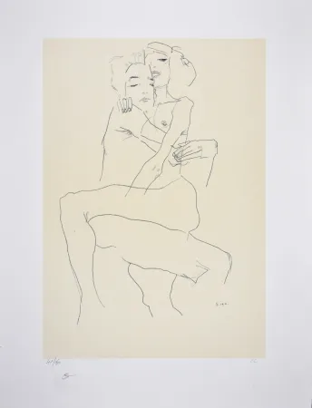 Lithographie Schiele - Couple enlacé / couple embracing - 1911