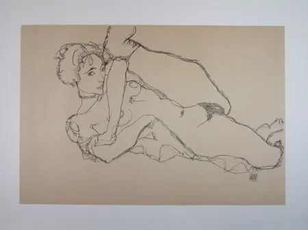 Lithographie Schiele - La danseuse nue  / The nude dancer, 1914 (Recicling nude, left leg raised - Liegender Akt mit angezogenem linken Bein) 