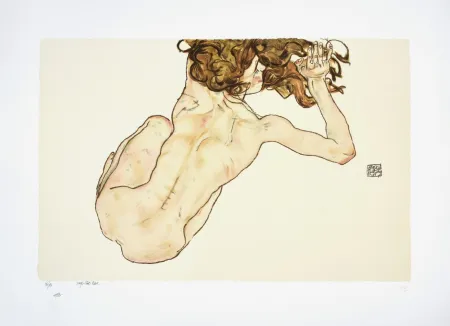 Lithographie Schiele - La femme aux cheveux roux, 1917 I The woman with red hair, 1917 (Kauernder Rückenakt / Crouching Nude, Back View)