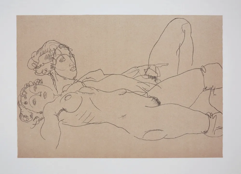 Lithographie Schiele - Les 2 filles / Two girls, 1914 (Two recicling nude girls)
