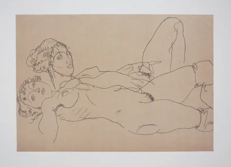 Lithographie Schiele - Les 2 filles / Two girls, 1914 (Two recicling nude girls)