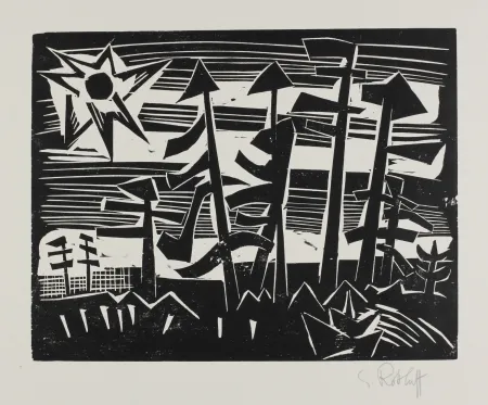 Holzschnitt Schmidt-Rottluff - Russische Landschaft