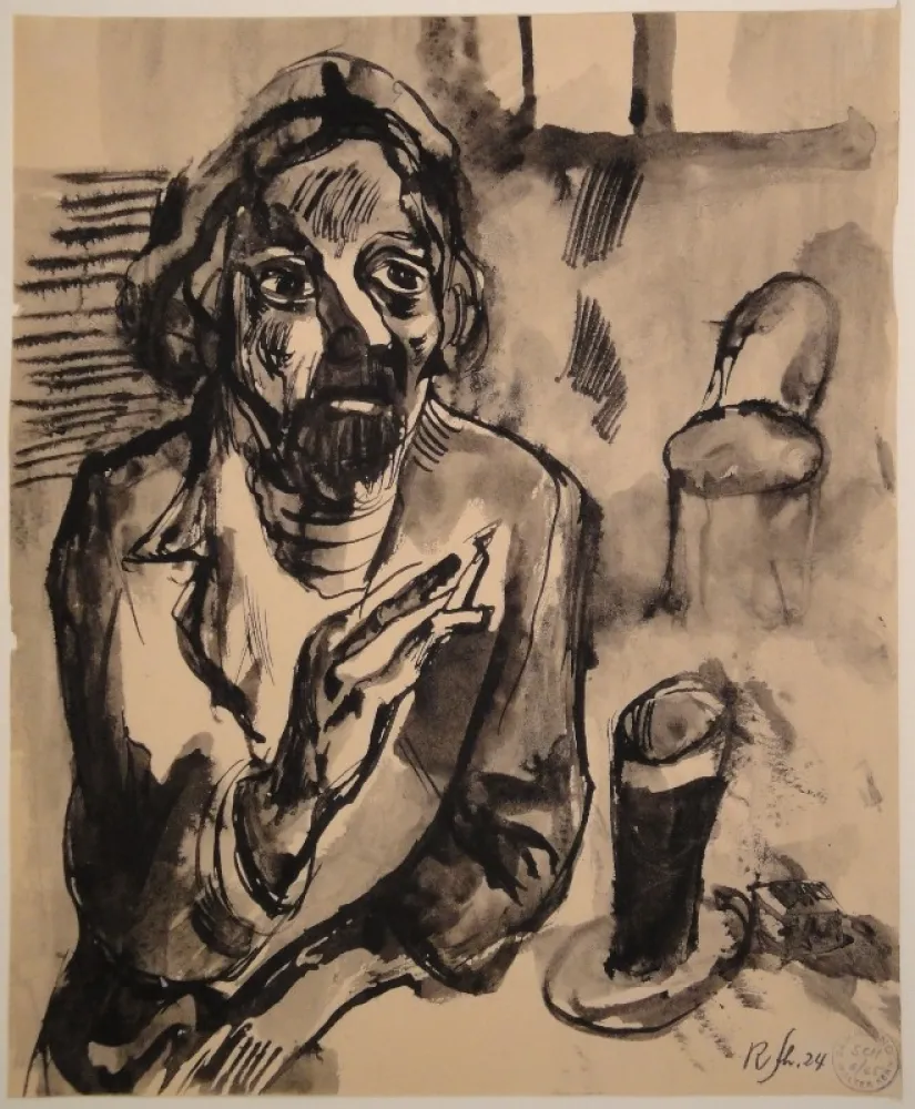 Keine Technische Schürch - Männliches Porträt (Selbstporträt) mit Glas und Stuhl