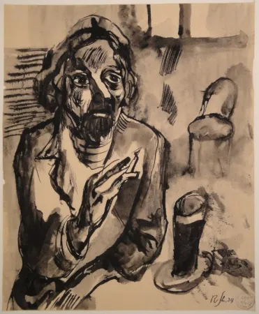 Keine Technische Schürch - Männliches Porträt (Selbstporträt) mit Glas und Stuhl