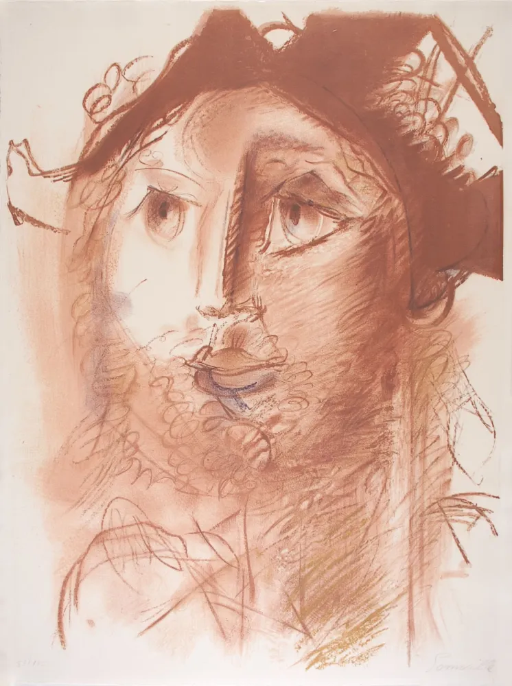 Lithographie Somville - Tête d'Arlequin - SEPIA