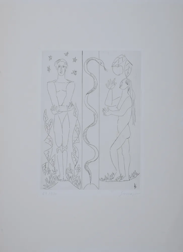 Stich Survage - Jardin d'Eden : Adam et Eve, vers 1930 - Hand-signed