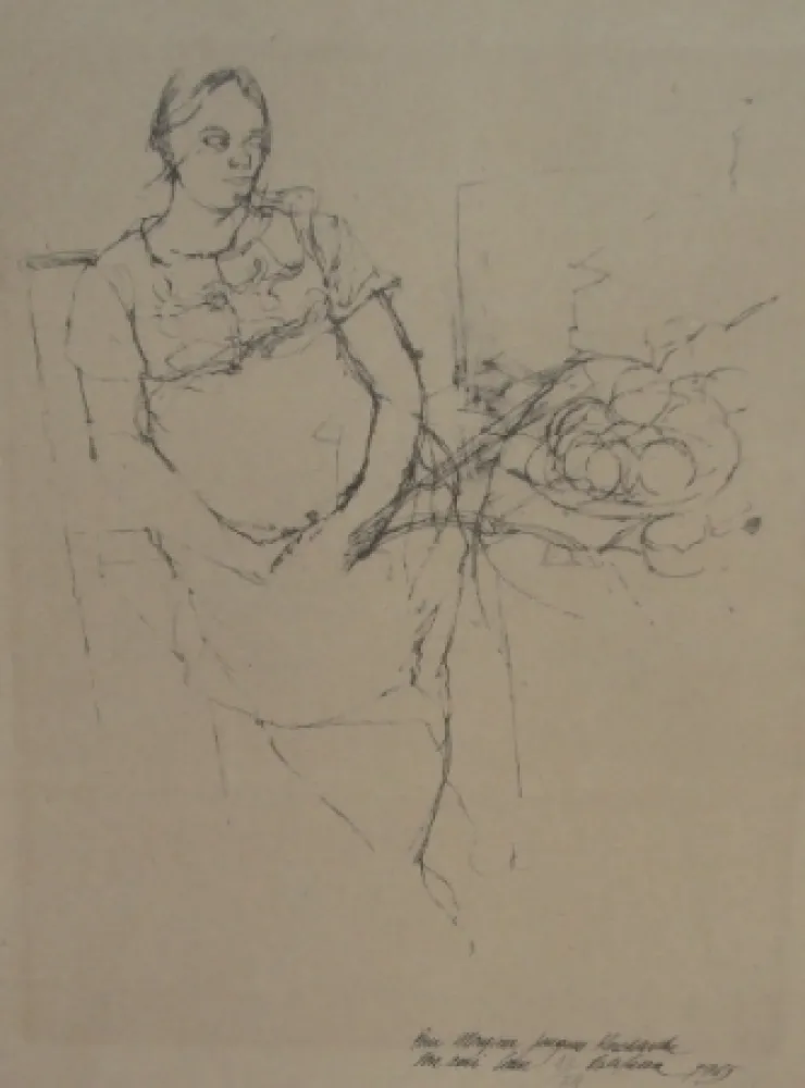 Lithographie Szafran - Femme à la coupe de fruits
