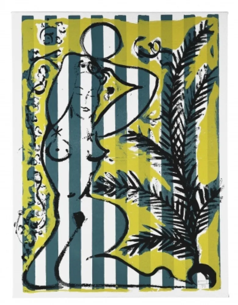 Siebdruck Szczesny - Nude with Palms on Green Stripes