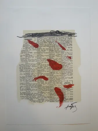 Lithographie Tàpies - Rouge sur papier journal