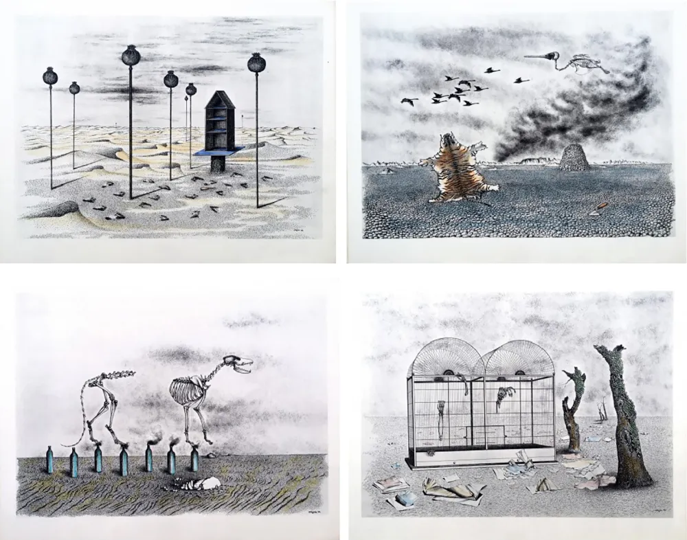 Illustriertes Buch Toyen - Jindrich Heisler : CACHE-TOI GUERRE ! Cycle de Neuf Dessins. 1944. Ex. aquarellé.