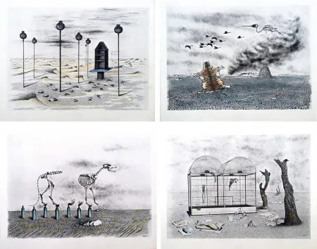 Illustriertes Buch Toyen - Jindrich Heisler : CACHE-TOI GUERRE ! Cycle de Neuf Dessins. 1944. Ex. aquarellé.