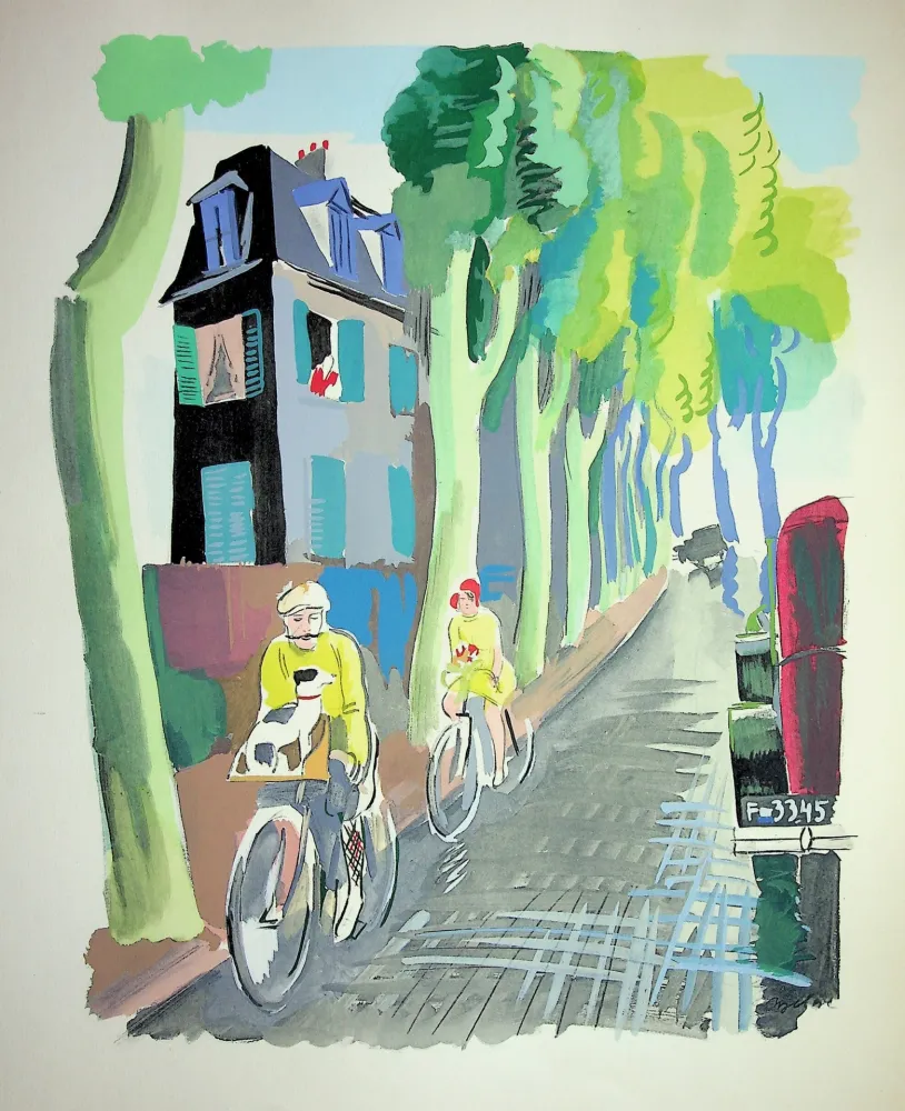 Lithographie Uzelac - Vélo, les cyclistes