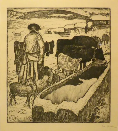 Radierung Und Aquatinta Vallet - Le troupeau à l'abreuvoir / Die Herde an der Tränke