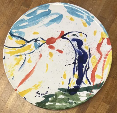 Keramik Vandercam - Grand plat en terre cuite vernissée Les oiseaux 84 cm San Giorgio Albisola