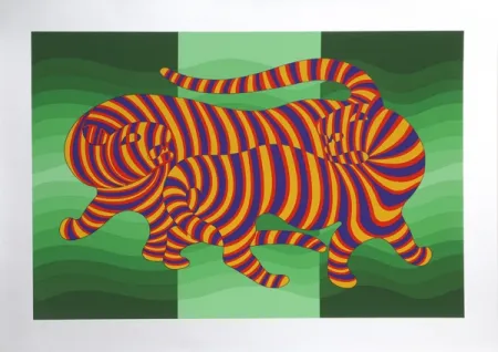 Siebdruck Vasarely - Two Tigers on Green