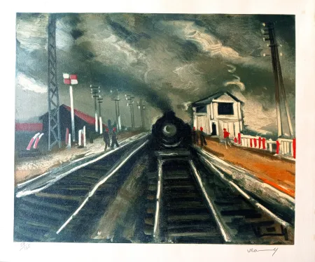 Keine Technische Vlaminck - Maurice de VLAMINCK - LA GARE, 1955 Lithographie en couleurs, exécutée par Mourlot pour SNCF, épreuve  signée a la main par artiste,