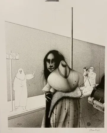 Lithographie Wunderlich - Strassenszene